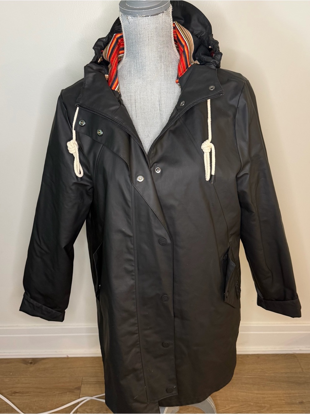 Pendleton Black rain coat Jacket with Red, Orange, Yellow and Cream Stripes, M